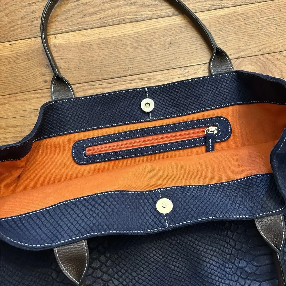 J McLaughlin Blue Suede Leather Snake Skin Texture Tote Shoulder Bag